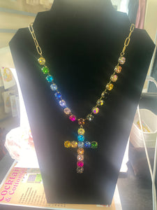 Multi Color Crystal Necklace w 3 inch Cross Gold Tone Base