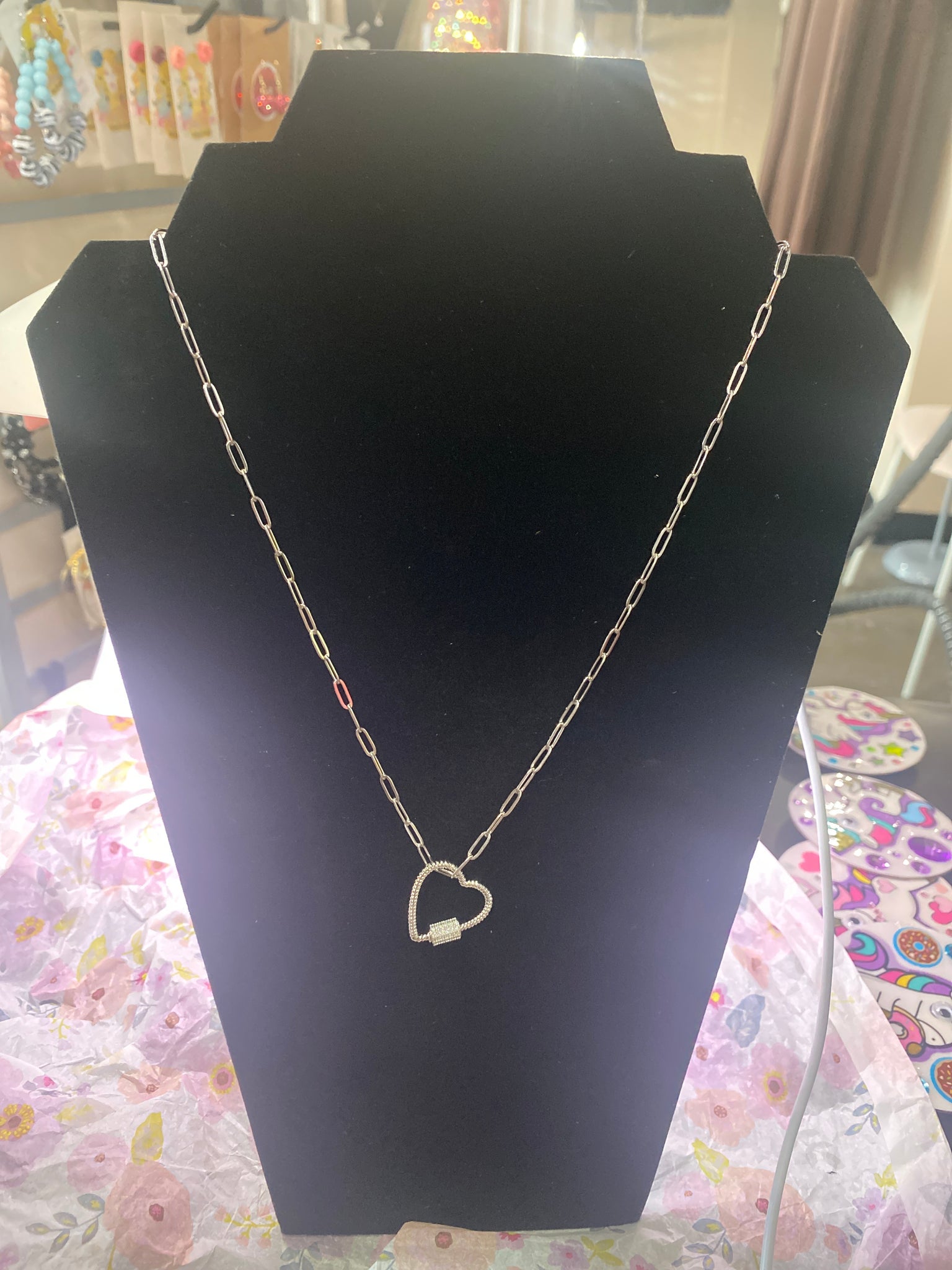 18 inch Silver Paperclip Necklace w Heart Carabiner Extender