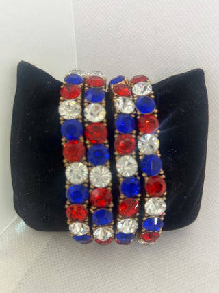 Patriotic Red White Blue Crystal Rhinestone Stretch Bracelet