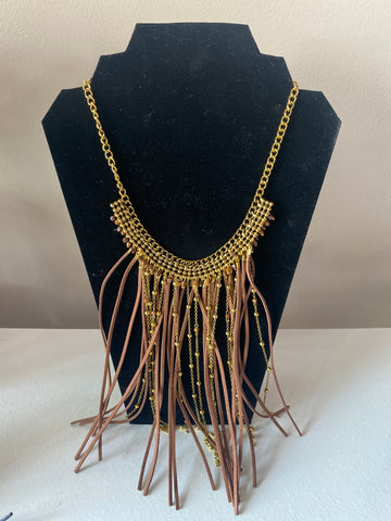 Brown Leather Fringe Choker Necklace