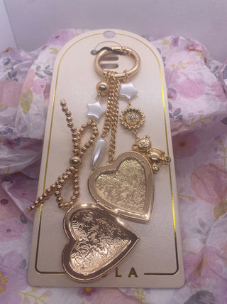 Gold Tone 4 Charm Heart Locket Purse Bling Key Ring