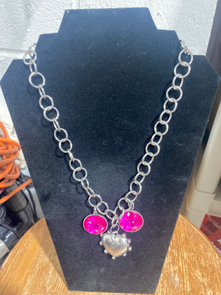 Custom Three Charm Heart Fuschia 24 inch Necklace