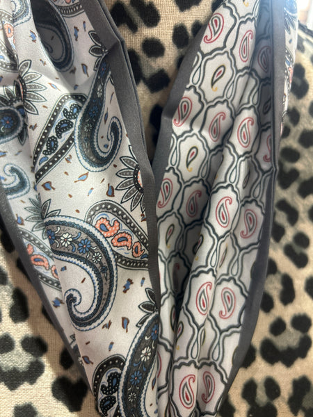 Grey Paisley Print Reversible  Scarf Long Narrow 5 x 56 inches Long