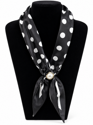 Black & White Polka Dot Scarf Necklace with Pearl Accent