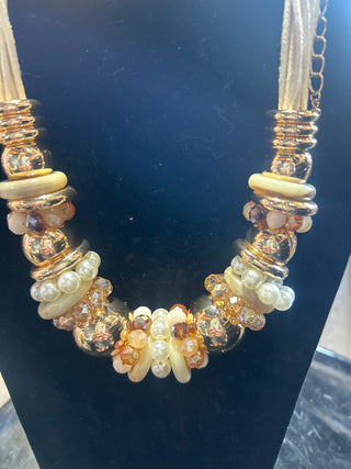Gold Brown Faux Pearl Statement Necklace