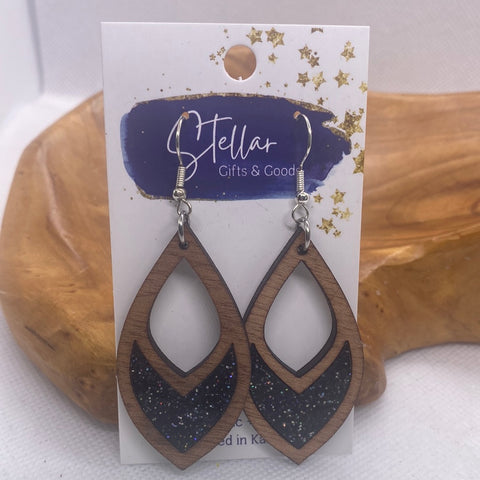 Brown Wood Black Glitter Teardrop Earrings