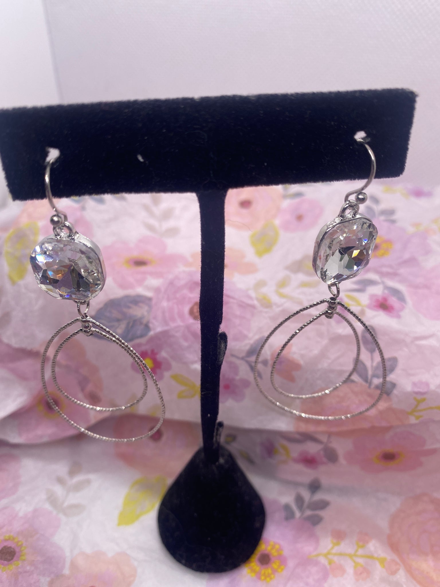 Silver Hoop w Crystal Dangle Earrings