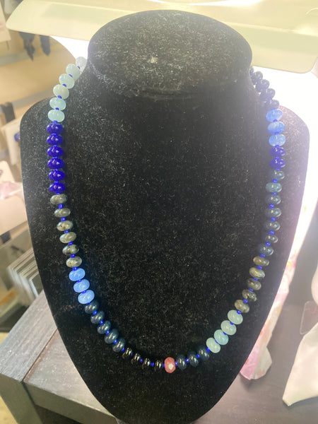 16 inch Beaded Rondelle Shape Blue Black Candy Necklace