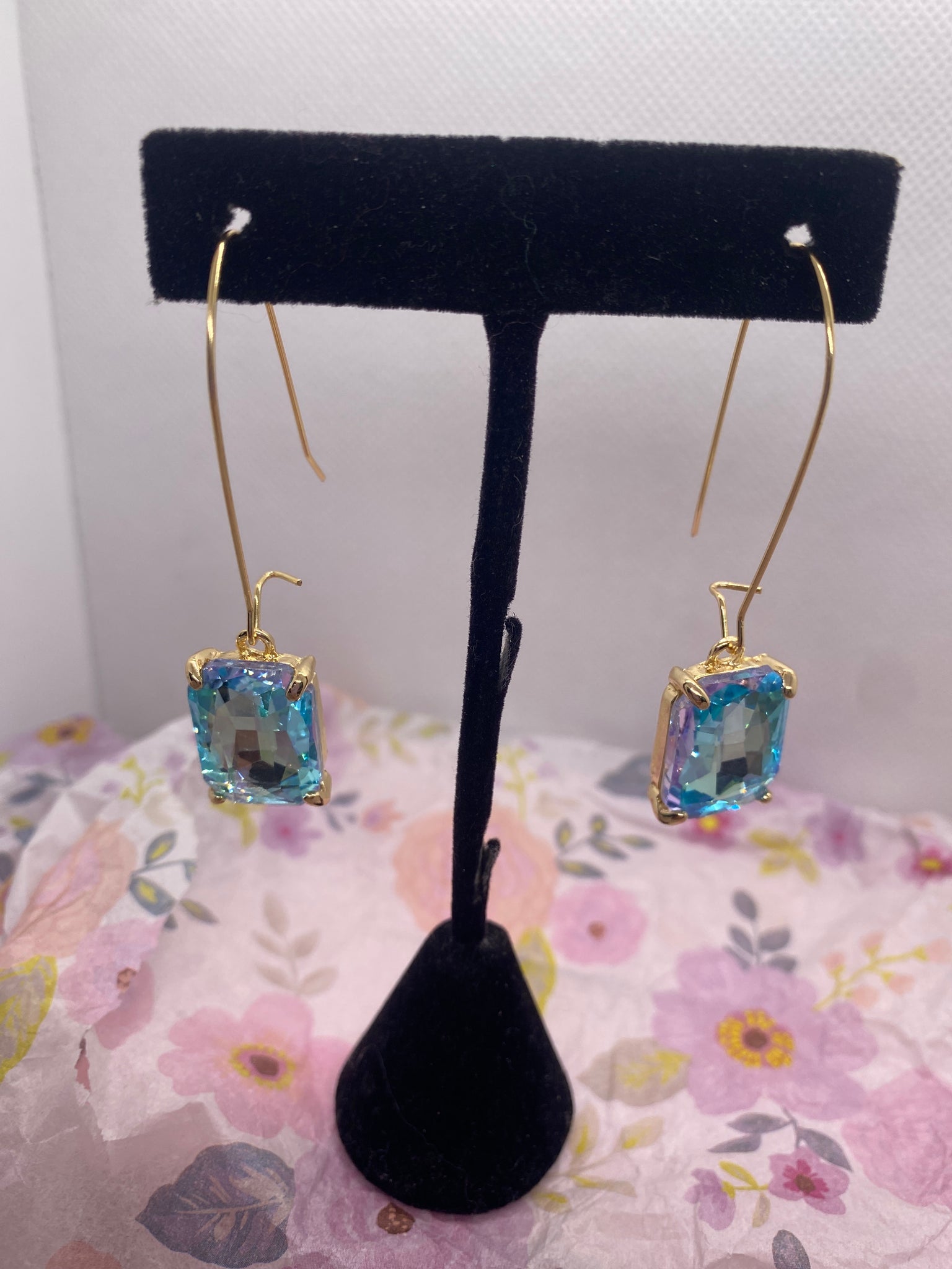 Aquamarine Rectangle Crystal Earrings