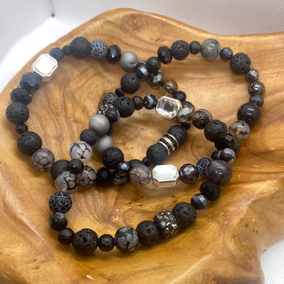 Black Lava  Multi Color Round Stones Stretch Bracelet