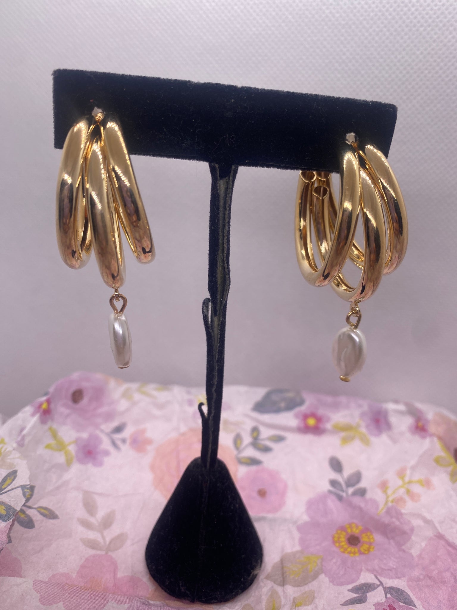 Gold Tone Triple Hoop w Faux Pearl Earrings