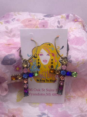 Custom Made Multi Color Gold Tone Cross Hoop Earrings