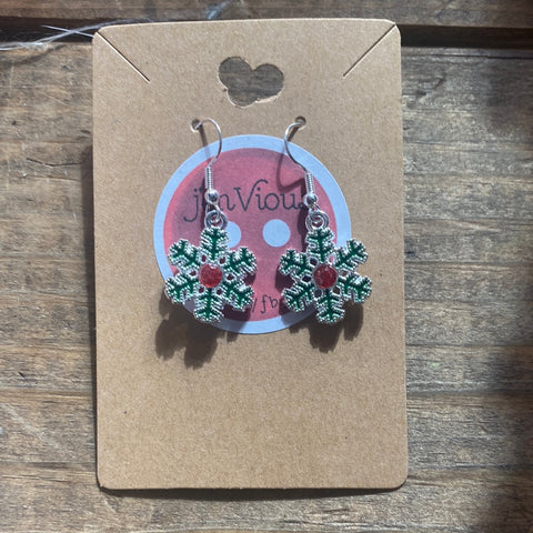 Green and Red Snowflake Dangle Earrings