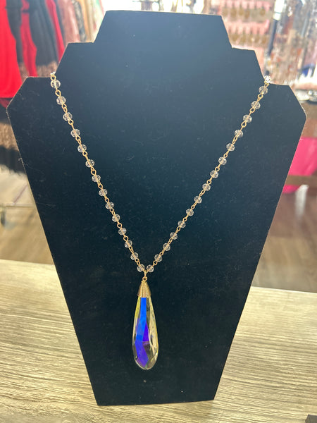 Teardrop Clear Crystal Pendant Beaded Necklace