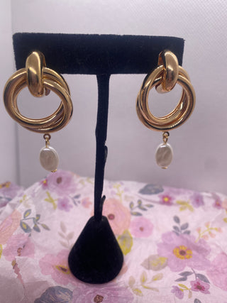 Gold Tone Double Circle w Faux Pearl Dangle Earrings