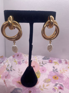 Gold Tone Double Circle w Faux Pearl Dangle Earrings