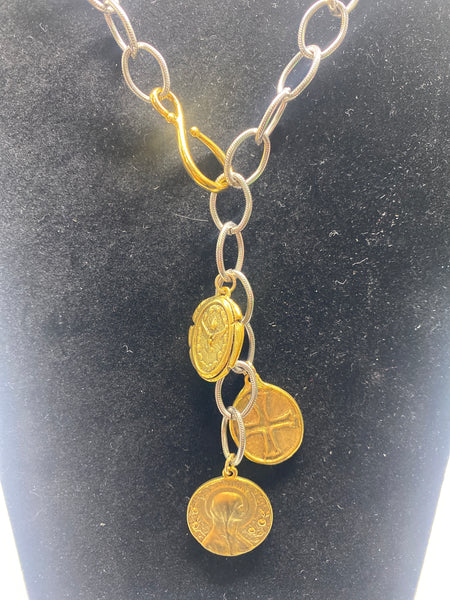Custom 26 inches Long Gold Coin Necklace w Silver Chain