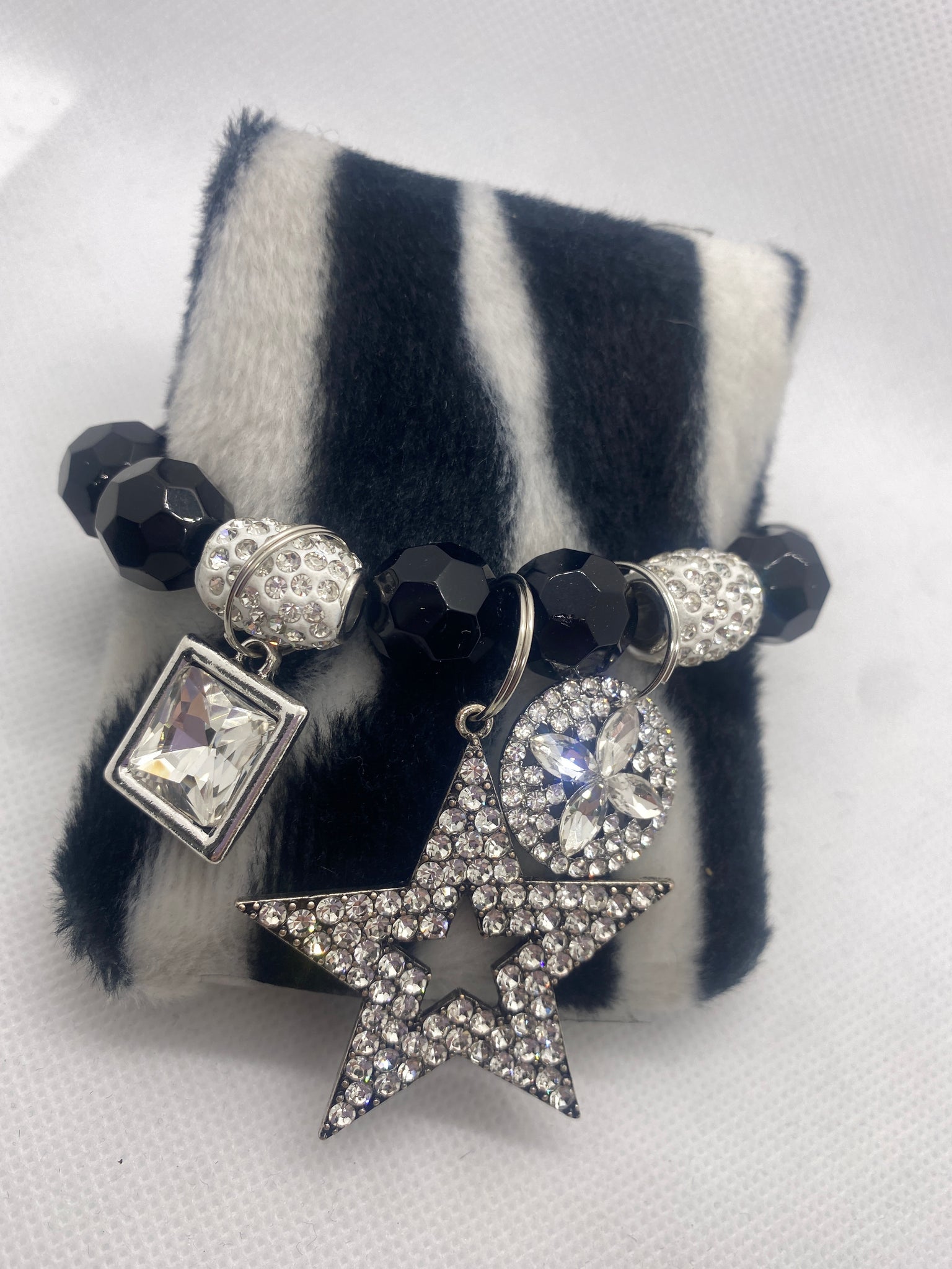 Custom Star Three Charm Stretch Black Bauble Bracelet