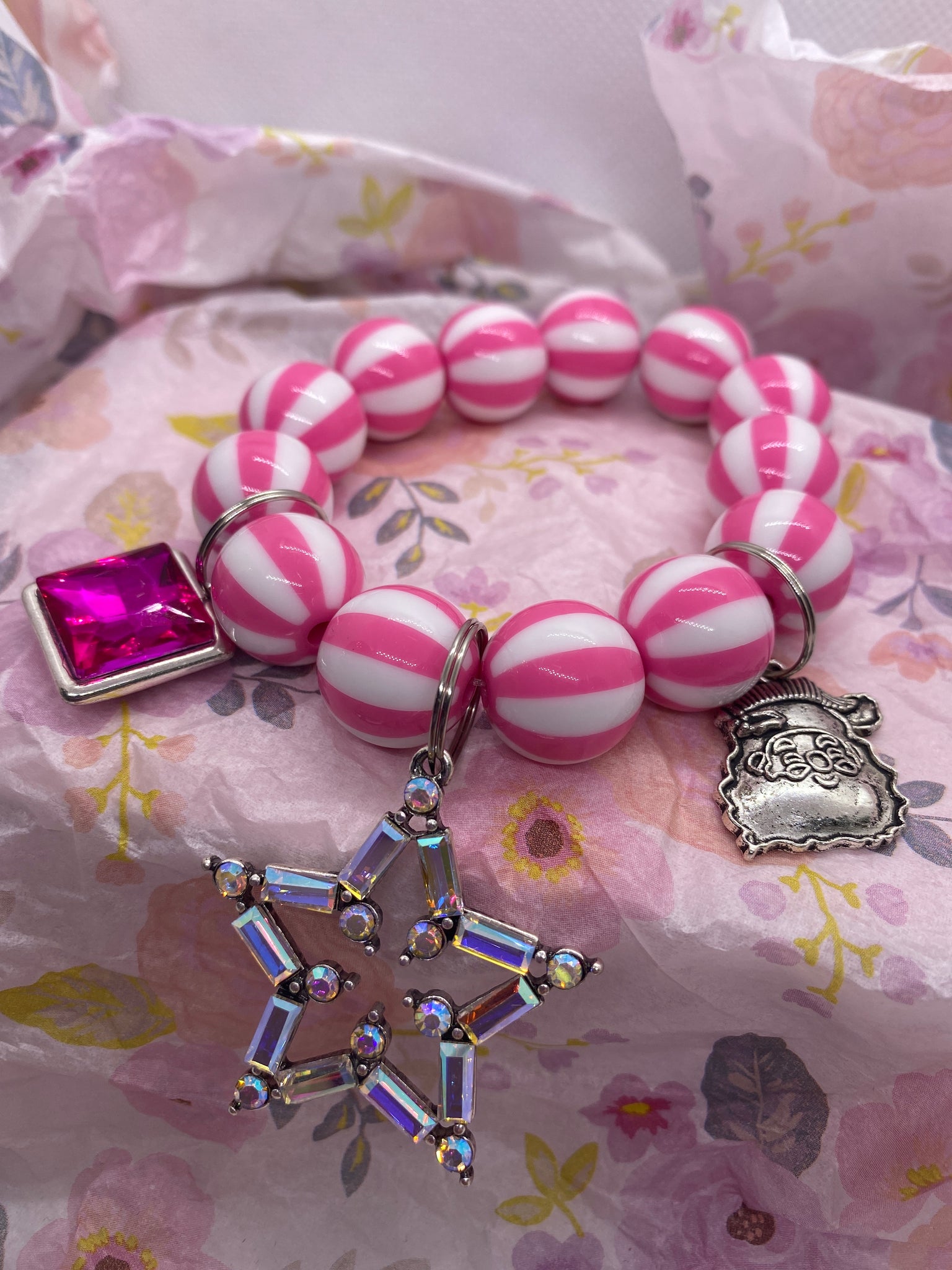 Pink White Stripe Stretch Bracelet w Charms