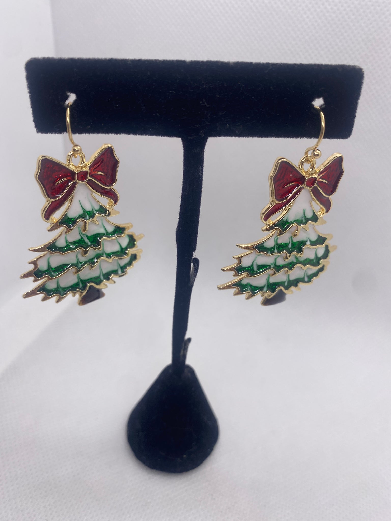 White Green Red Bow Christmas Tree Earrings