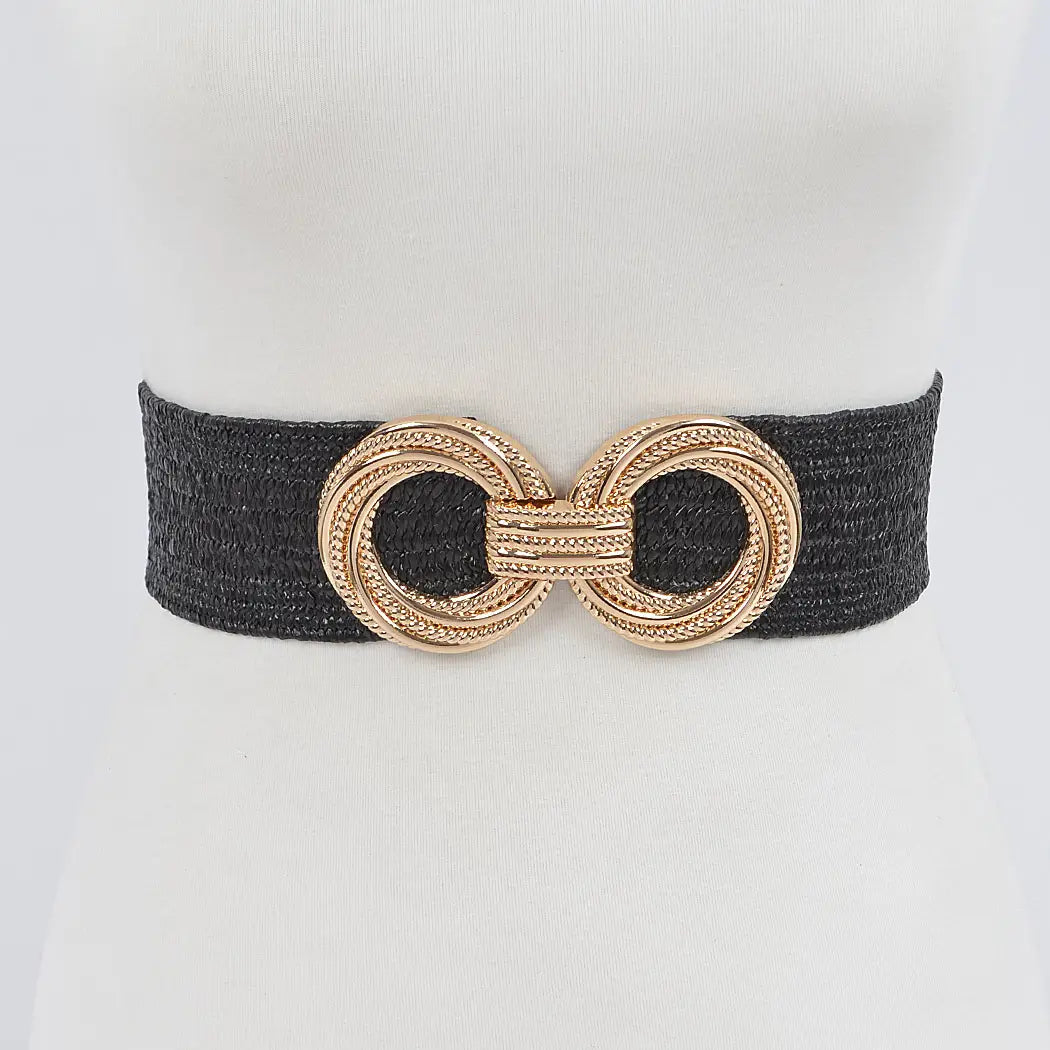 Black Metal Buckle Stretch Straw Belt