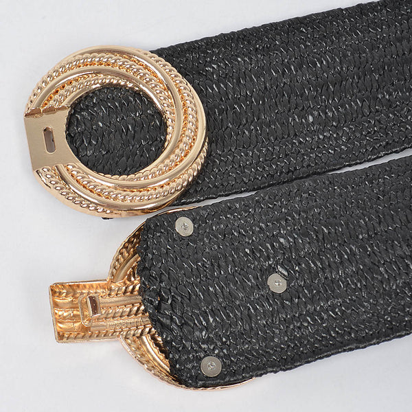 Black Metal Buckle Stretch Straw Belt