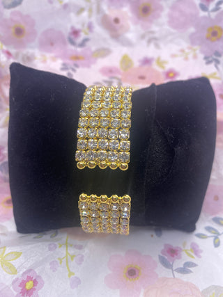 Five Row Crystal Rhinestones Bangle Cuff Bracelet Gold Tone Base