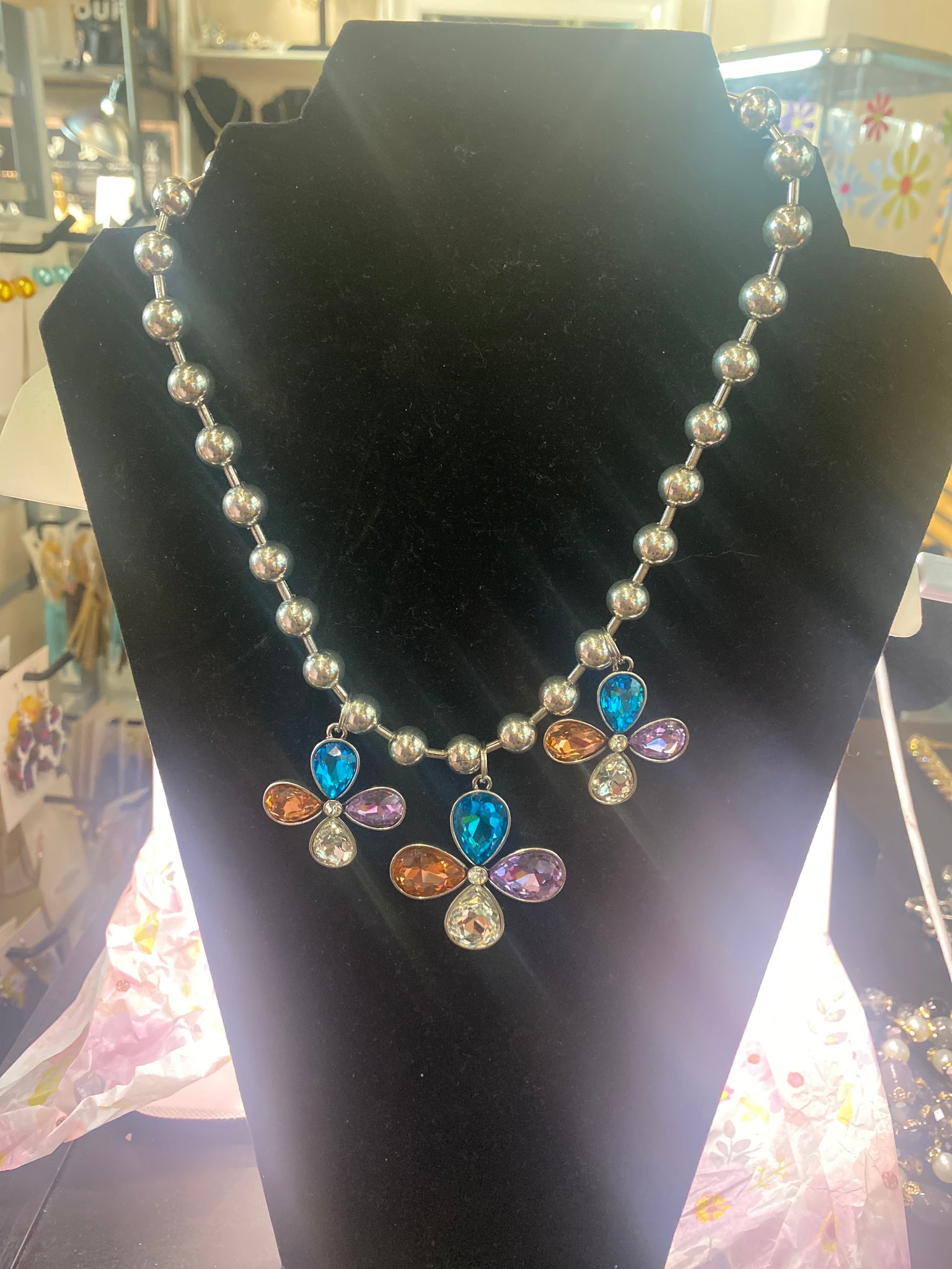 Custom Silver Ball Choker Style Three Daisy Flower Necklace w Clear Blue Purple Yellow