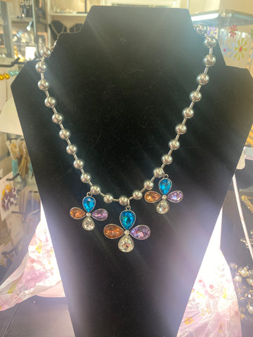 Custom Silver Ball Choker Style Three Daisy Flower Necklace w Clear Blue Purple Yellow