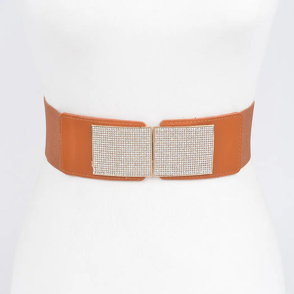 Camel Rhinestone Metal Stretch Buckle Belt