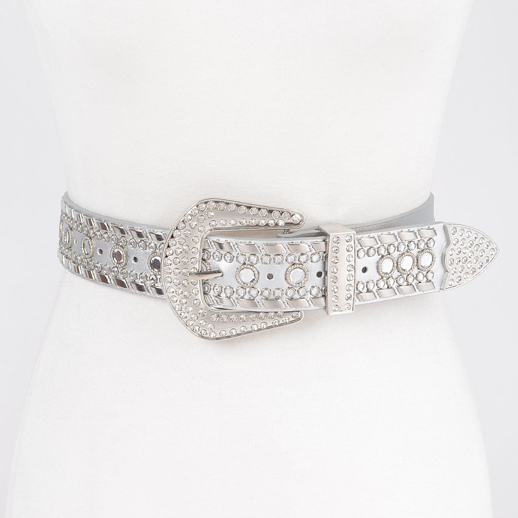 Silver Rhinestone Metal Studded Multi Metal Belt