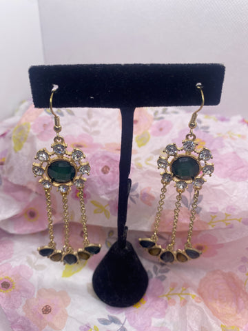 Green Rhinestone Dangle Hook Earrings