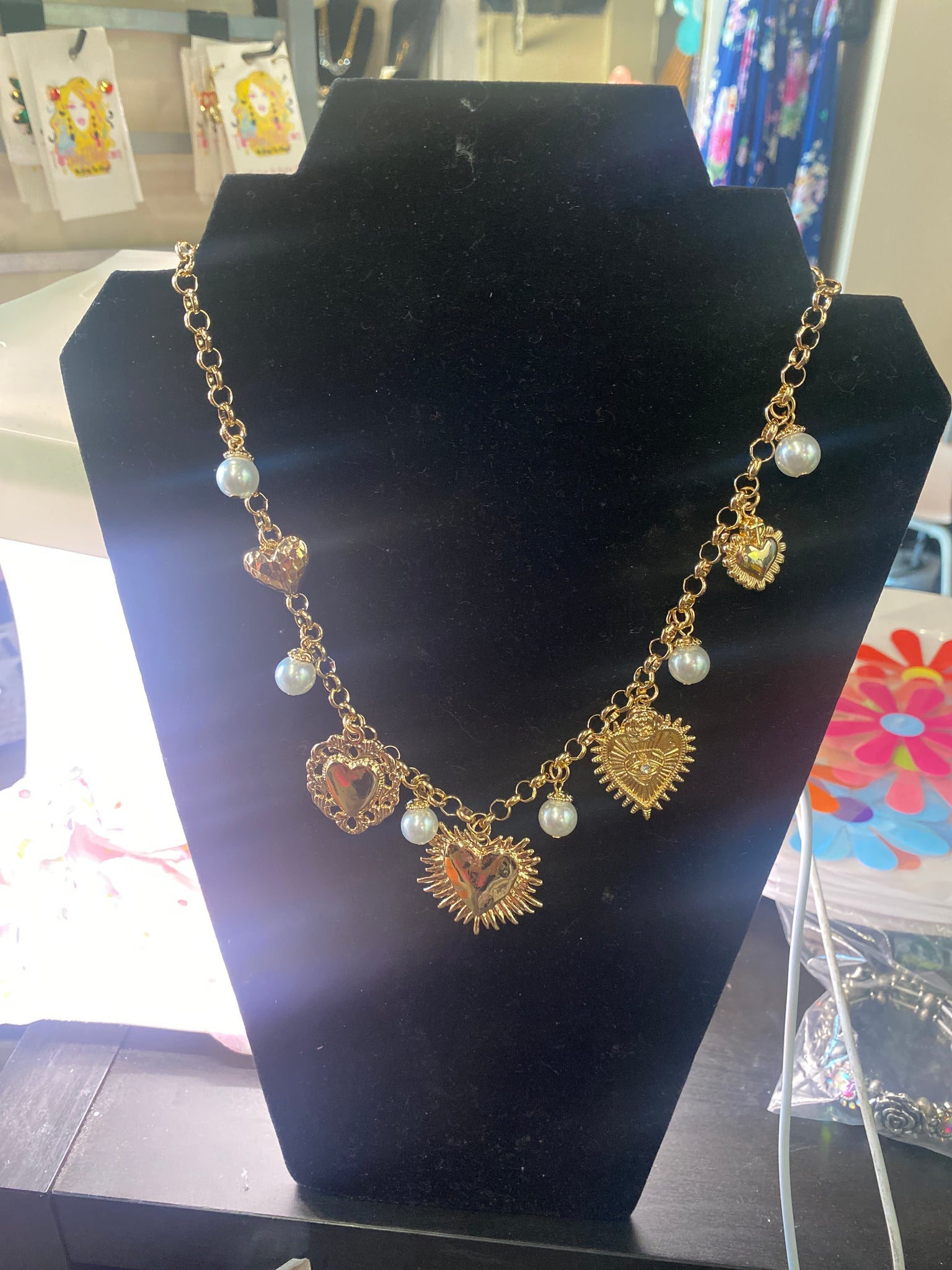 Gold Tone Heart Pearl Charm Necklace