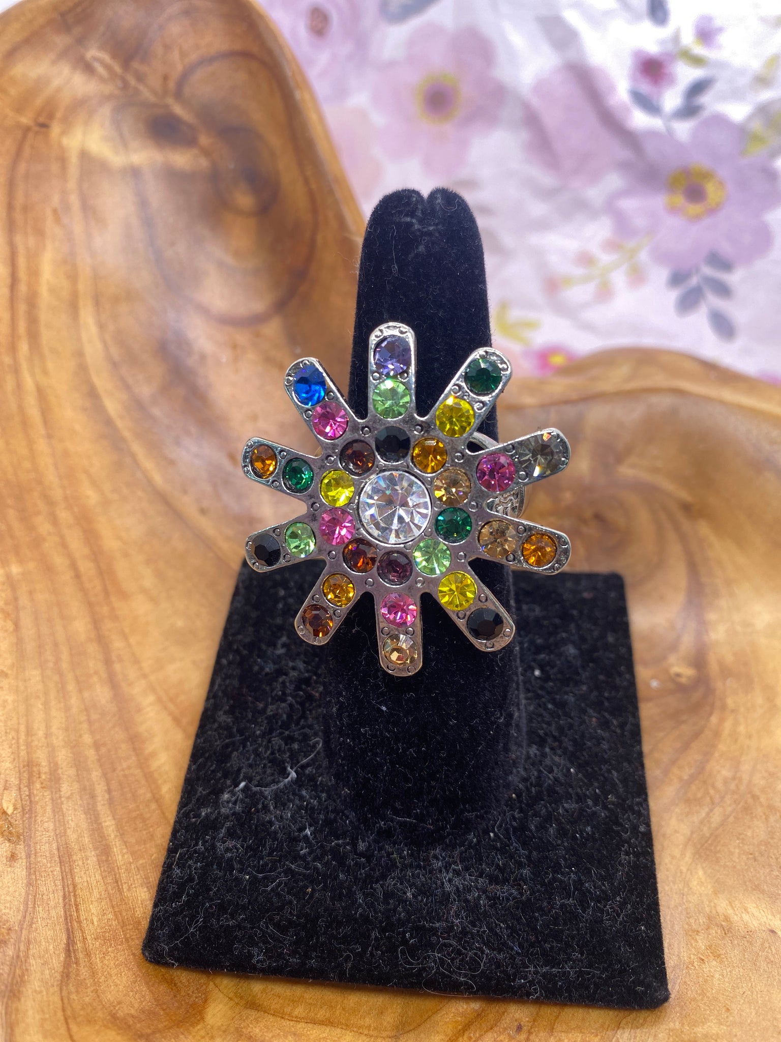 Multi Color Starburst Silver Stretch Ring