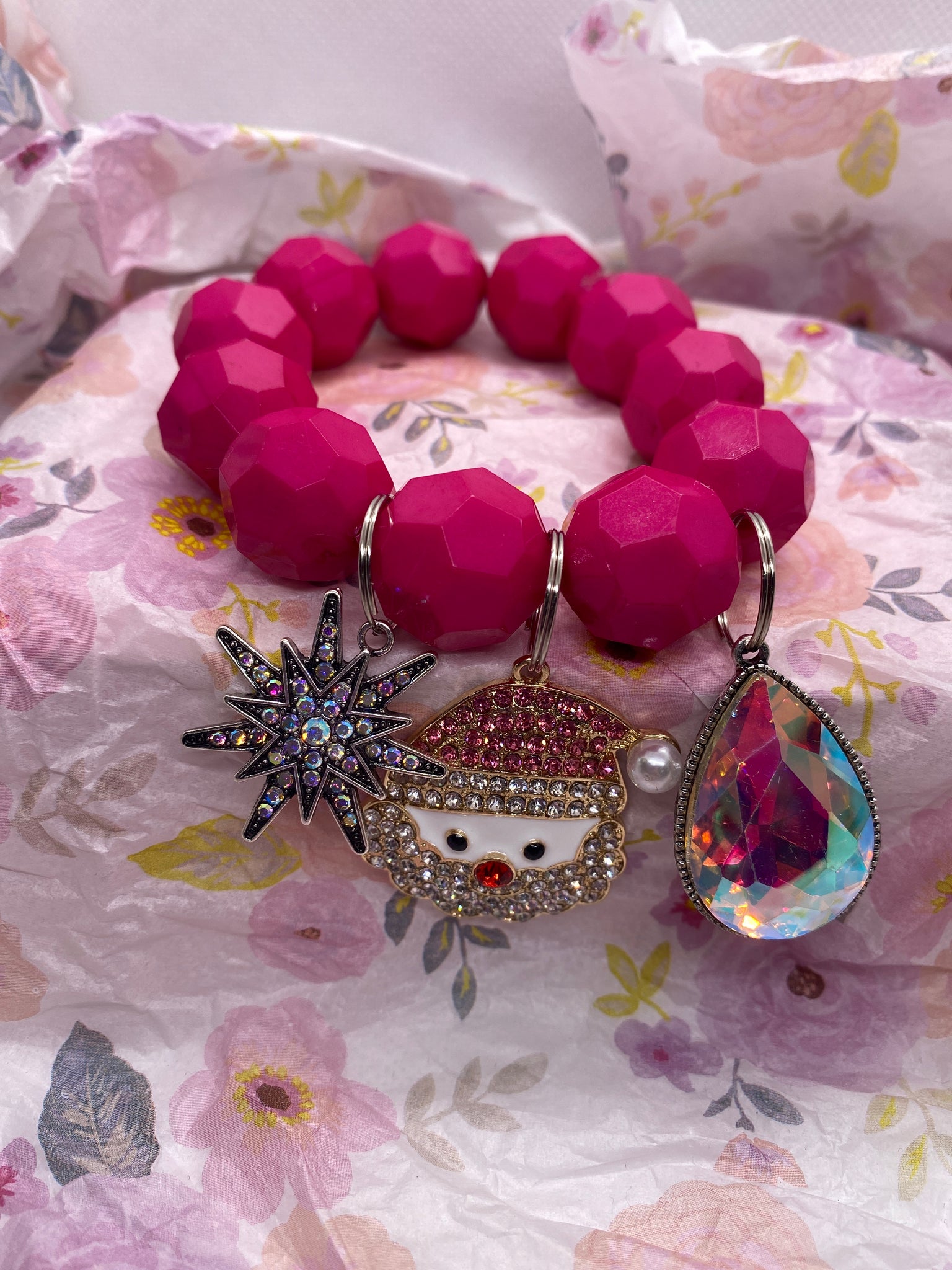 Fuchsia Bauble Stretch Bracelet w Three Charms Handmade