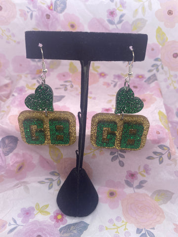 Gold Green GB Glitter Earrings