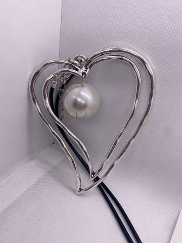 Long Silver Heart Pearl Dangle 42 inch Necklace