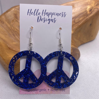 Large Blue Confetti Peace Sign Earrings