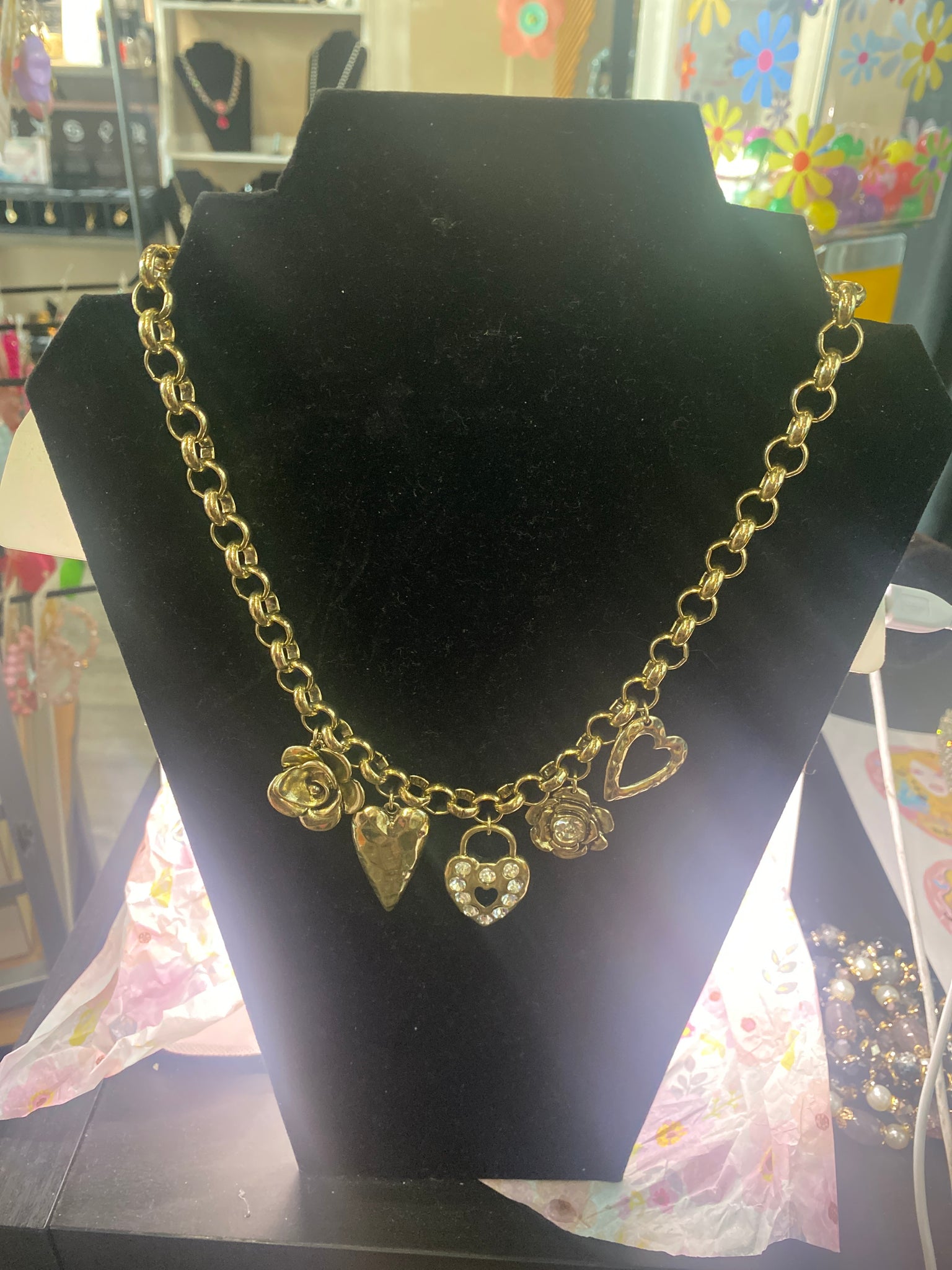 Gold Tone Charm Necklace 5 charms