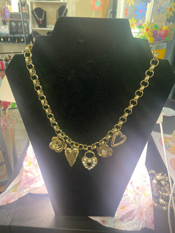 Gold Tone Charm Necklace 5 charms
