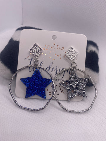 Custom Silver Blue Glitter Star Hoop Earrings