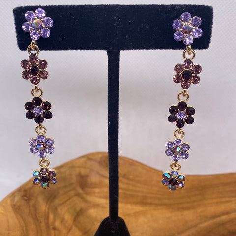 Purple Crystal Daisy Dangle Post Earrings