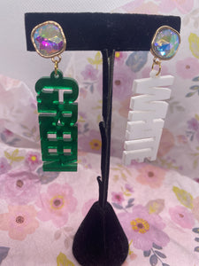 Green White Letters Earrings