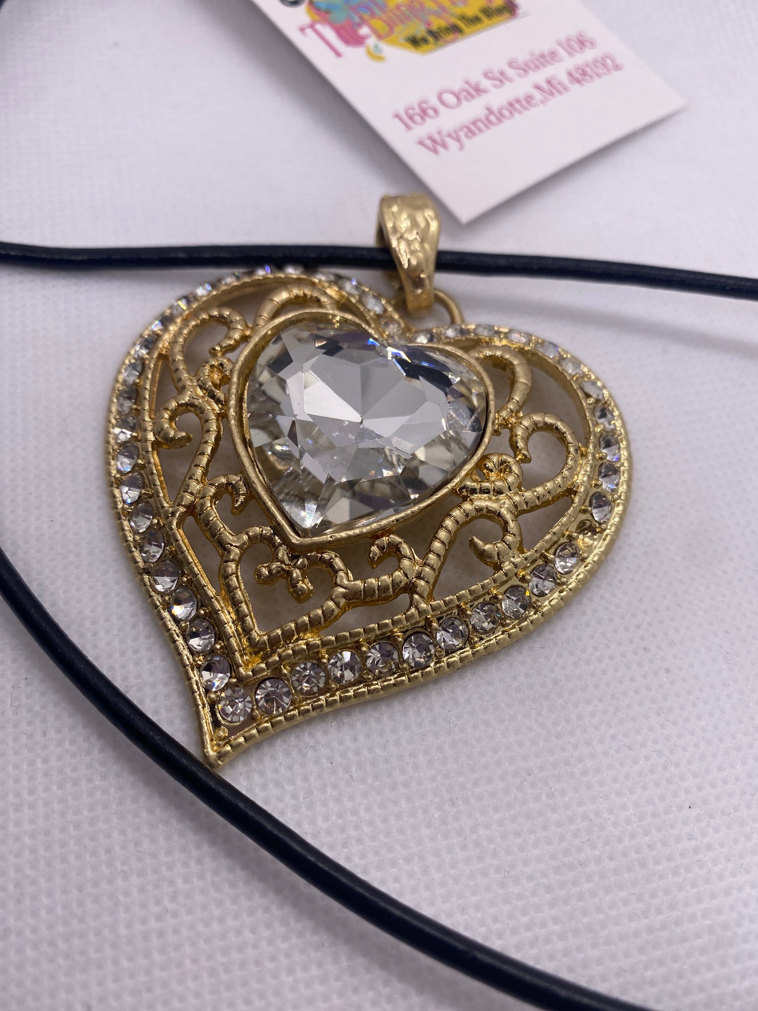 36 inch Crystal Heart Gold Necklace w Rhinestones