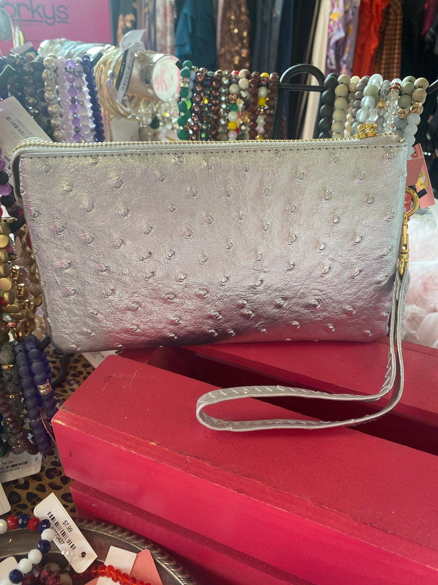 Silver Ostrich Print Three Compartment Wristlet Crossbody Purse