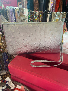 Silver Ostrich Print Three Compartment Wristlet Crossbody Purse