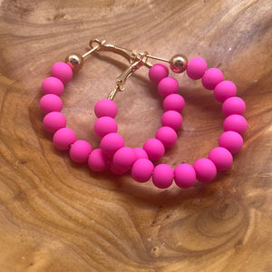 Pink Clay Bead Gold Tone Hoop Earrings 6MM