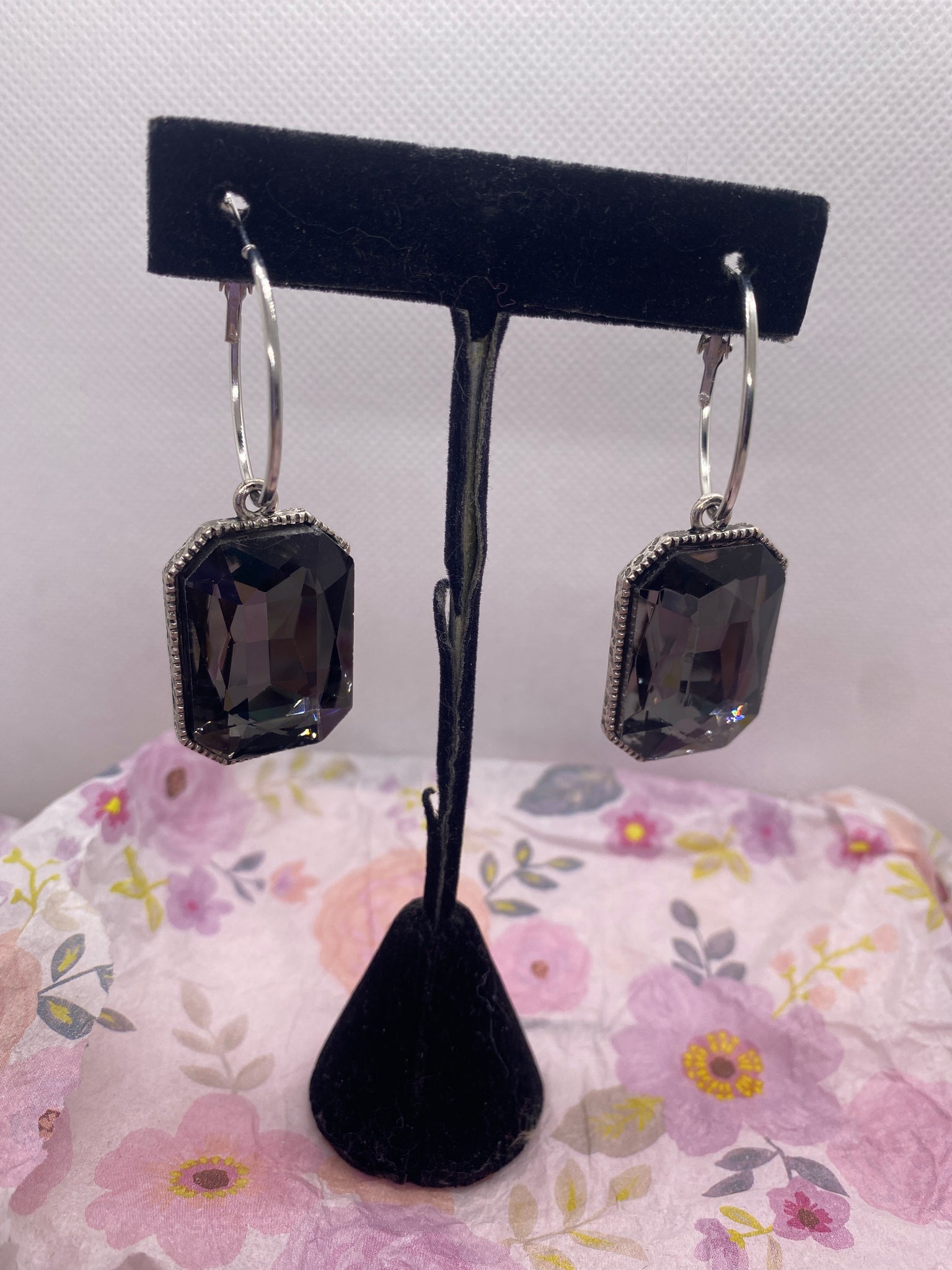 Custom Gray Black Stone Hoop Earrings