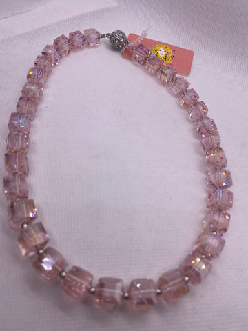 16 inch Pink Square Glass Necklace w Magnetic Closure