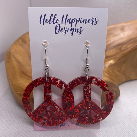 Large Red Confetti Peace Sign Earrings